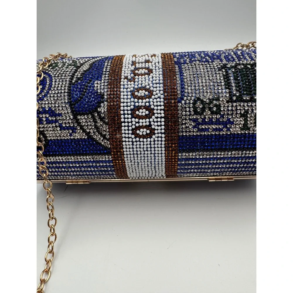 Rhinestone Money Roll Clutch Bag Blue‎ Gold Crystal Barrel Evening Purse